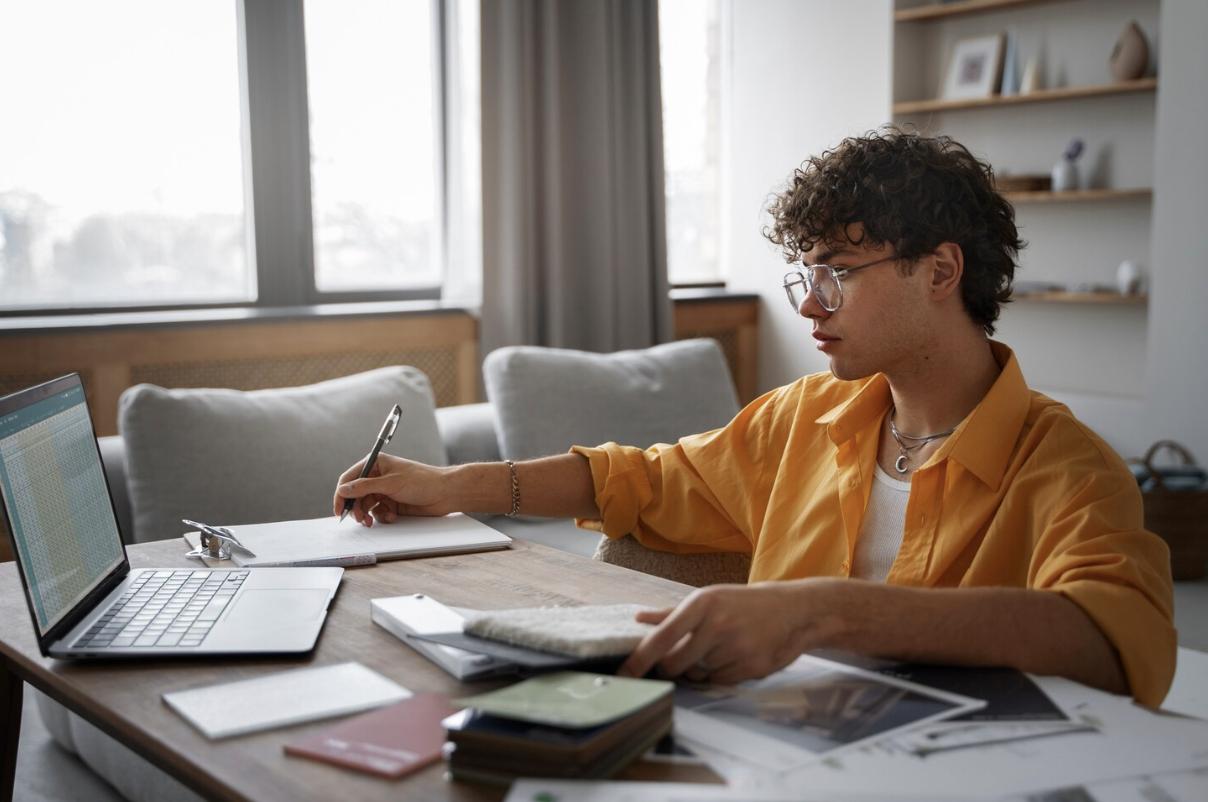 An NREMT student studying at a desk at home, practicing thinking like a paramedic to prepare for their exam