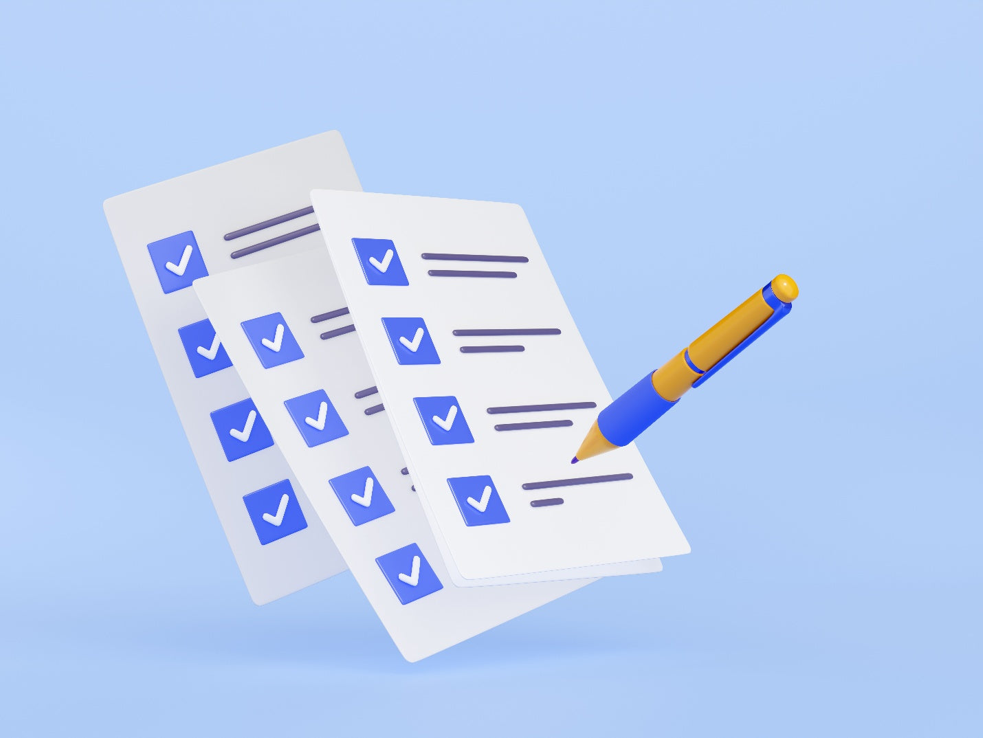 Checklist with interactive test items and a pen on a blue background
