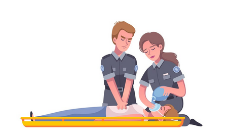 Cartoon paramedic applying an oxygen mask to an injured woman during emergency care