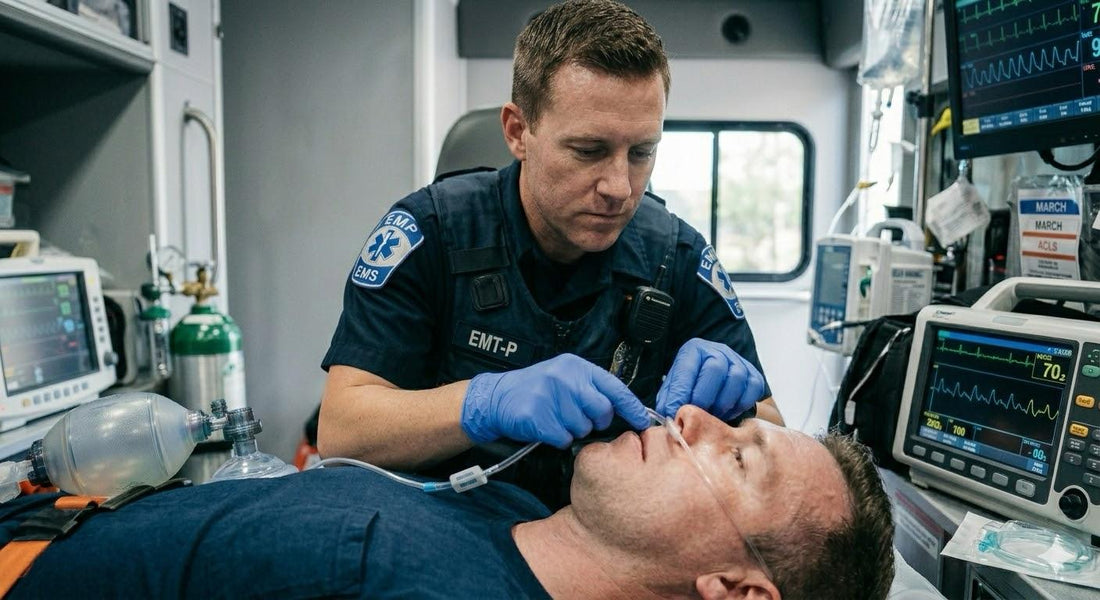 EMT providing airway support to a patient inside an ambulance during transport