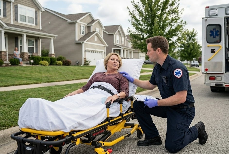 EMT-assisting-patient-on-stretcher-suburban-neighborhood
