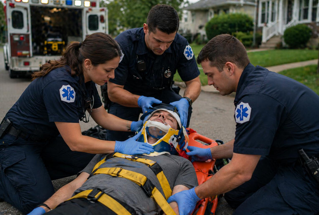 EMTs stabilizing a patient during emergency care
