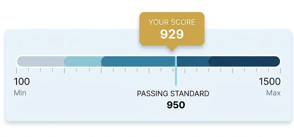 A scale representing NREMT exam scoring system and passing threshold.