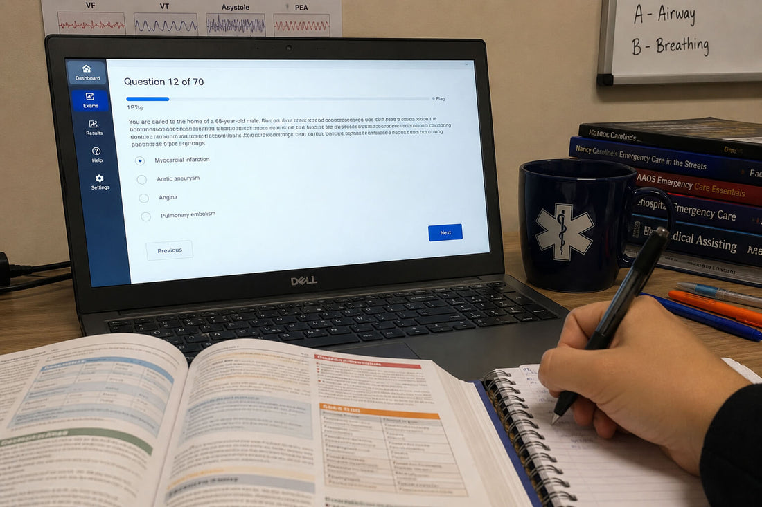 Person taking an NREMT practice exam on a laptop while studying with an emergency care textbook and handwritten notes.