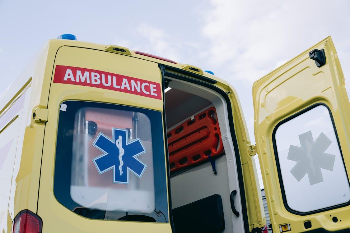 Low-angle shot of an ambulance parked outdoors representing NREMT test prep and emergency medical training.