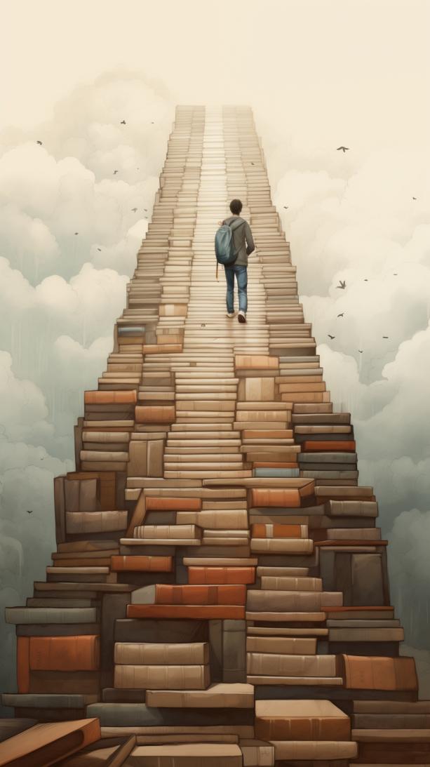 Cartoon-style illustration showing a student walking up a stairway made of stacked books, symbolizing educational progress and exam preparation