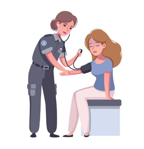 Cartoon-style paramedic measuring a woman's blood pressure as part of routine emergency care