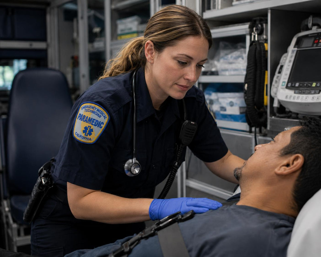 Paramedic performing a patient assessment during an emergency medical evaluation.