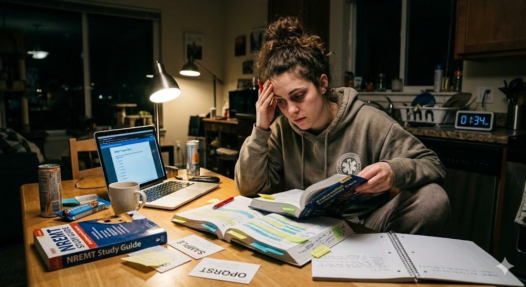 A student cramming for the NREMT exam the night before